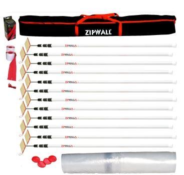 Zipwall 12 Pole Mega Kit: Includes:  12x PDB-SLP Spring Loaded Poles 1x PDB-HDZ2 Heavy Duty Adhesive Zippers 1x PDB-ZIPBAG Zipwall Carry Bag 1x PDB-DBS50 4m x 50m Dust Barrier Plastic Sheeting
