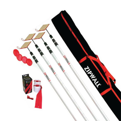 Zipwall 4 Pole Starter Kit. Includes: 4x PDB-SLP Spring Loaded Poles (1.2-3.2m), 2x Standard Zips, 1x Carry Bag