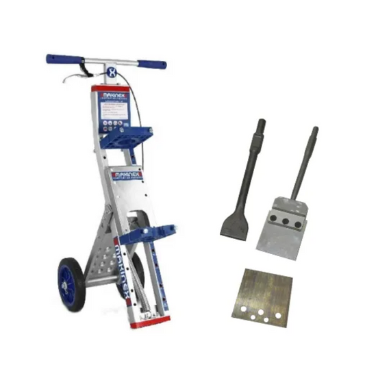 Floor Removal Package supplied ready to fit to your Demolition Hammer. Includes 1x Jack Hammer Trolley 1x 150mm Tile Smasher Head with Blade & Shank 1x 65mm Hardened Steel Chisel 1x Spare Replacement Blade and User Manuals