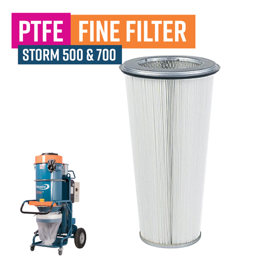 Dustcontrol PTFE Fine Filter for Storm 500 and Storm 700 Vacuums (Coated with PTFE Polytetrafluoroethylene (PTFE) is a synthetic fluoropolymer of tetrafluoroethylene. PTFE is hydrophobic which means it is water repellent.)