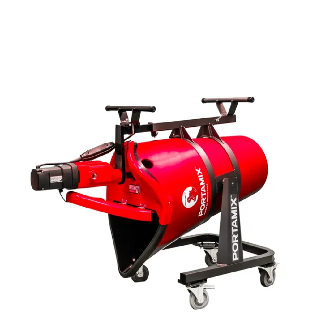 Portamix Mega Hippo Mixer 80L with 2300w High Powered Motor, 3 speed, 6 bag capacity. Includes flexible drum liner, 4x lockable castors, 1x full height paddle, 1x and 1/2 height paddle.