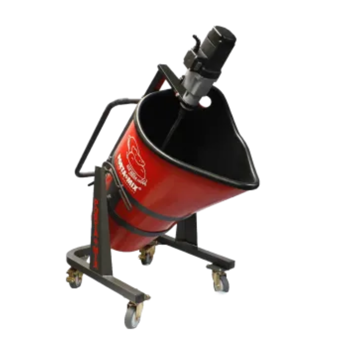 Portamix Mega Hippo Mixer 80L with 2300w High Powered Motor, 3 speed, 6 bag capacity. Includes flexible drum liner, 4x lockable castors, 1x full height paddle, 1x and 1/2 height paddle.