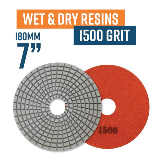 175mm (7") Resin Bond Wet & Dry Polishing Pads - 1500 grit. Must be used on low speed.