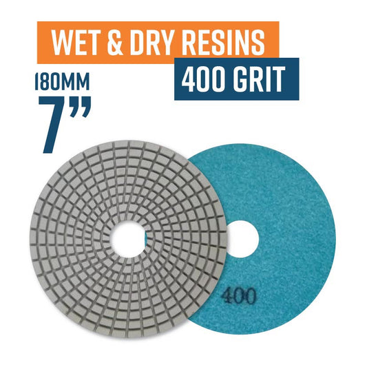 175mm (7") Resin Bond Wet & Dry Polishing Pads - 400 grit. Must be used on low speed.
