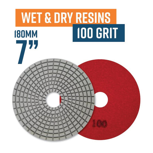 175mm (7") Resin Bond Wet & Dry Polishing Pads - 100 grit. Must be used on low speed.