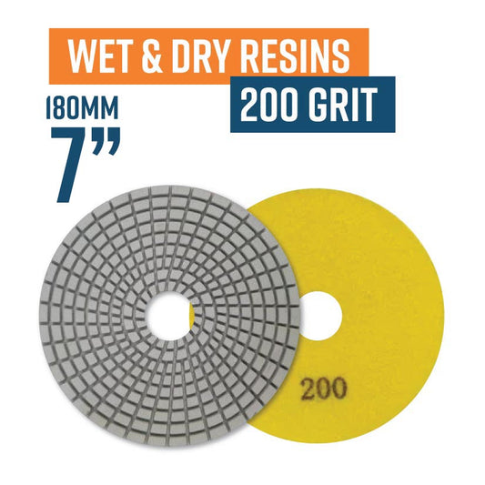 175mm (7") Resin Bond Wet & Dry Polishing Pads - 200 grit. Must be used on low speed.
