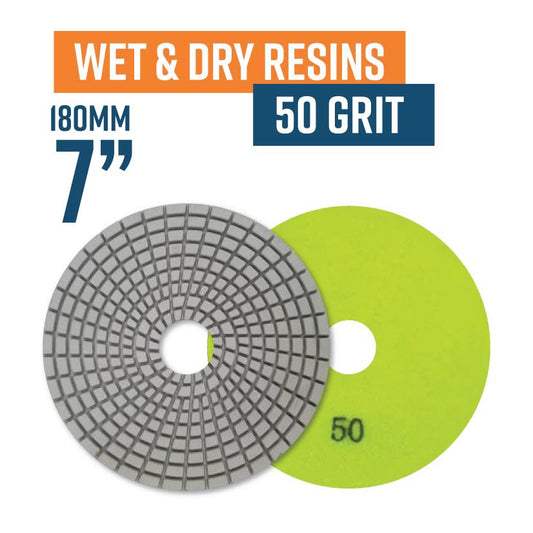 175mm (7") Resin Bond Wet & Dry Polishing Pads - 50 grit. Must be used on low speed.