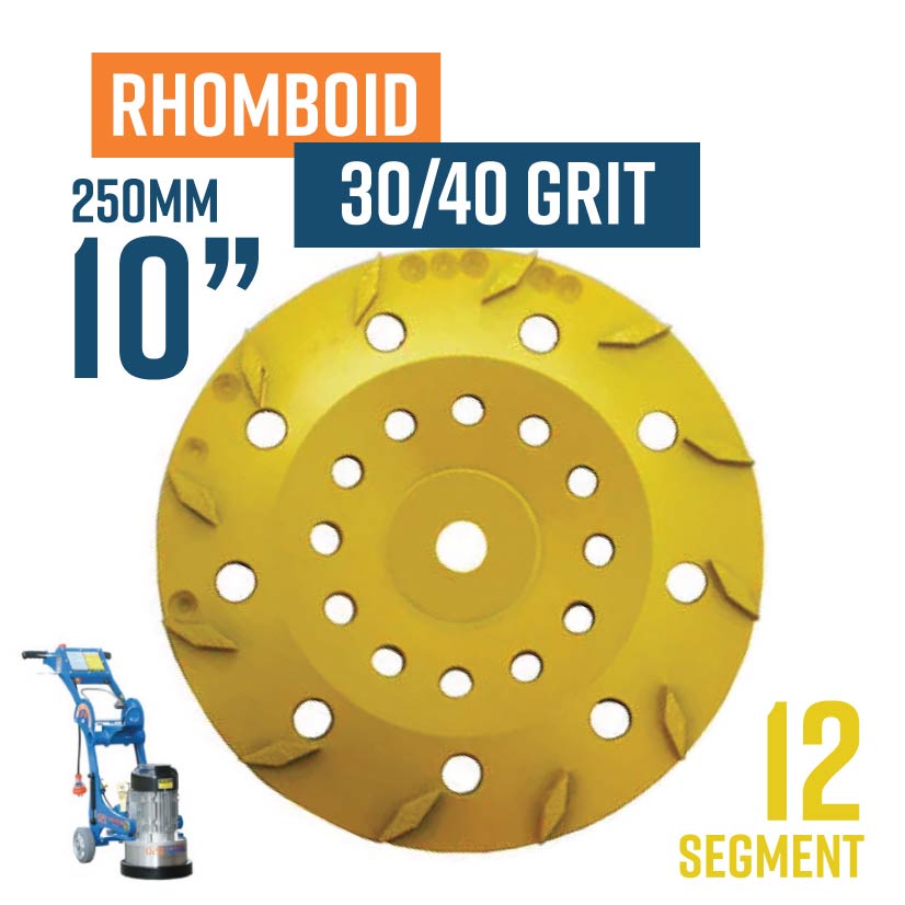 Rhomboid 250mm (10'') Diamond grinding wheel, 30/40 Grit, Medium bond, 12 segment, Yellow (Suits PS Glues)