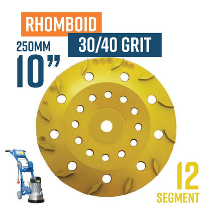 Rhomboid 250mm (10'') Diamond grinding wheel, 30/40 Grit, Medium bond, 12 segment, Yellow (Suits PS Glues)