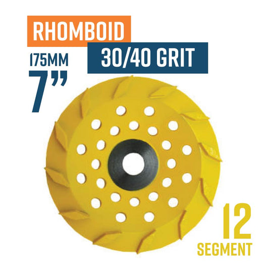 Rhomboid 175mm (7'') Diamond grinding wheel, 30/40 Grit, Hard bond, 12 segment, Yellow