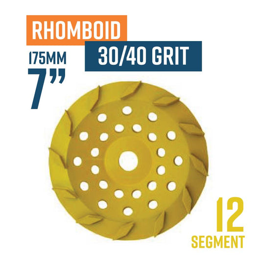 Rhomboid 175mm (7'') Diamond grinding wheel, 30/40 Grit, Medium bond, 12 segment, Yellow