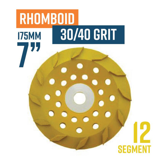 Rhomboid 175mm (7'') Diamond grinding wheel, 30/40 Grit, Soft bond, 12 segment, Yellow