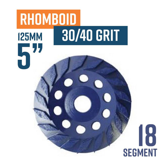 Rhomboid 125mm (5'') Diamond grinding wheel, 30/40 Grit, Medium bond, 18 segment, Blue