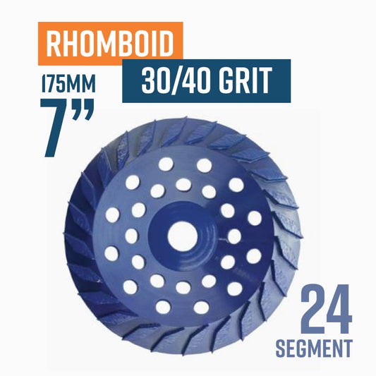 Rhomboid 175mm (7'') Diamond grinding wheel, 30/40 Grit, Medium bond, 24 segment, Blue