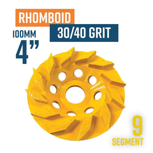 Rhomboid 100mm (4'') Diamond grinding wheel, 30/40 Grit, Medium bond, 12 segment, Yellow