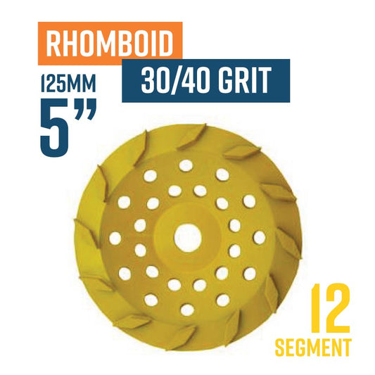 Rhomboid 125mm (5'') Diamond grinding wheel, 30/40 Grit, Medium bond, 12 segment, Yellow