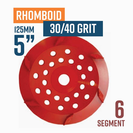 Rhomboid 125mm (5'') Diamond grinding wheel, 30/40 Grit, Medium bond, 6 segment, Red