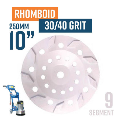 Rhomboid 250mm (10'') Diamond Cup Wheel, 30/40 Grit, Med bond, 9 seg, White (Suits abrasive concrete and cement glue)