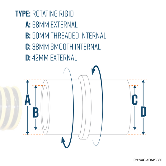 Vacuum Hose Adaptor Reducer 38mm to 50mm (50mm threaded end and 38mm slip on end/non threaded)