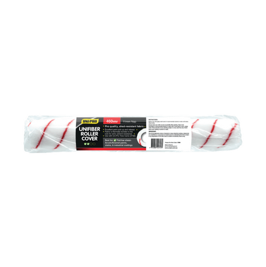 Uni-Pro 460mm High tech Unifiber Roller Cover 11mm Nap suitable for use with flat and low sheen acrylic or enamel paints. White with red stripe
(Available in 48 per ctn but sold individually)