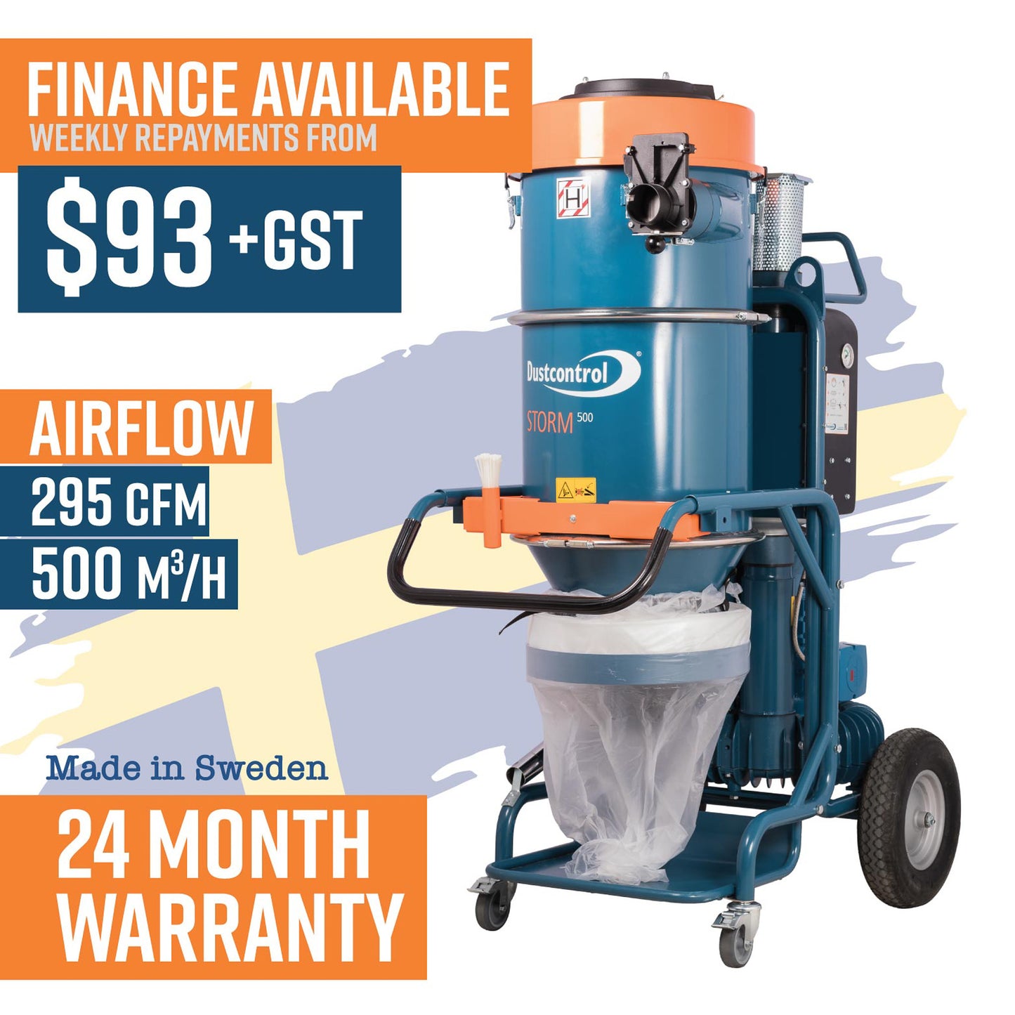 Dustcontrol DC Storm 500 Vacuum, Three Phase, 4kW Motor, 178kg, Includes Longopac 25m Continuous Bag (44077), 5m Antistatic Suction Hose 50mm, Floor Nozzle (7238), Suction Pipe (7265), Polyester Fine Filter (44212) and HEPA H13 Filter (42869)