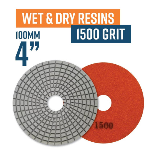 100mm (4") Resin Bond Wet & Dry Polishing Pads - 1500 grit. Must be used on low speed.