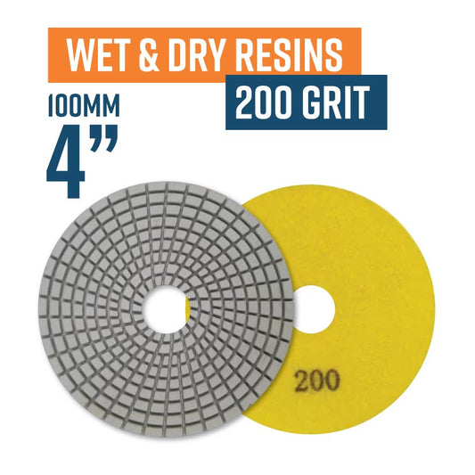 100mm (4") Resin Bond Wet & Dry Polishing Pads - 200 grit. Must be used on low speed.