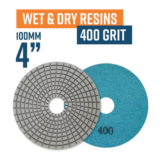 100mm (4") Resin Bond Wet & Dry Polishing Pads - 400 grit. Must be used on low speed.