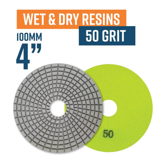 100mm (4") Resin Bond Wet & Dry Polishing Pads - 50 grit. Must be used on low speed.