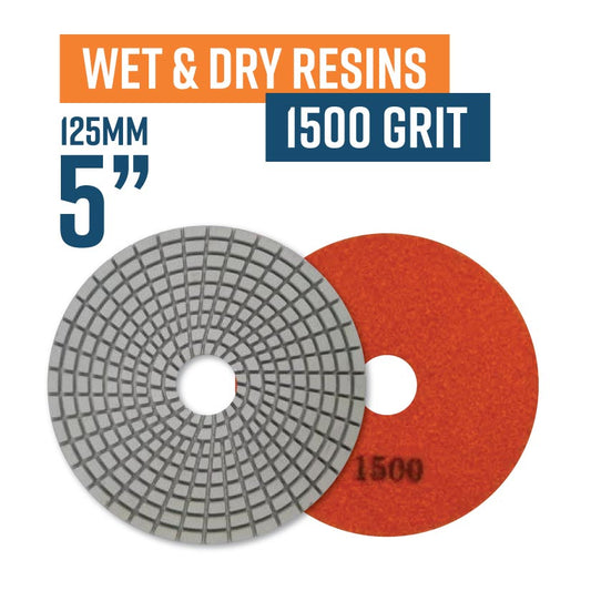 125mm (5") Resin Bond Wet & Dry Polishing Pads - 1500 grit. Must be used on low speed.