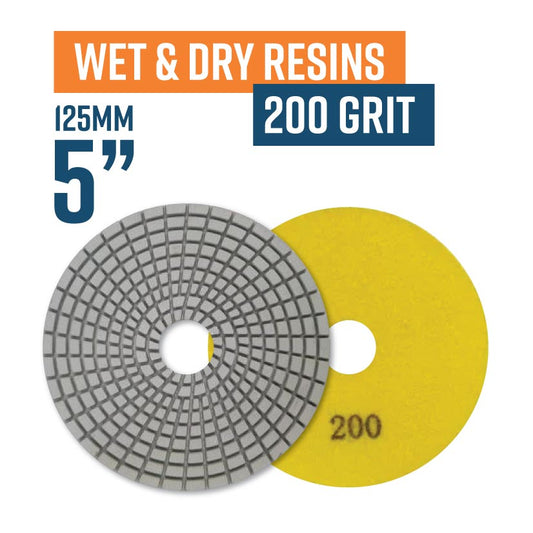 125mm (5") Resin Bond Wet & Dry Polishing Pads - 200 grit. Must be used on low speed.