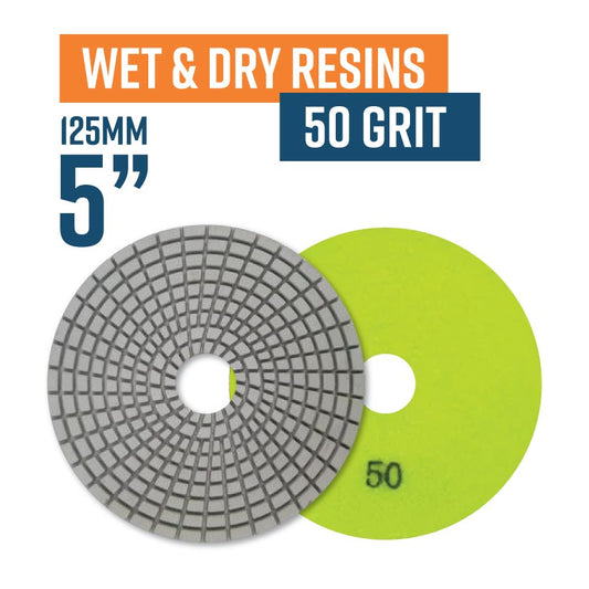 125mm (5") Resin Bond Wet & Dry Polishing Pads - 50 grit. Must be used on low speed.