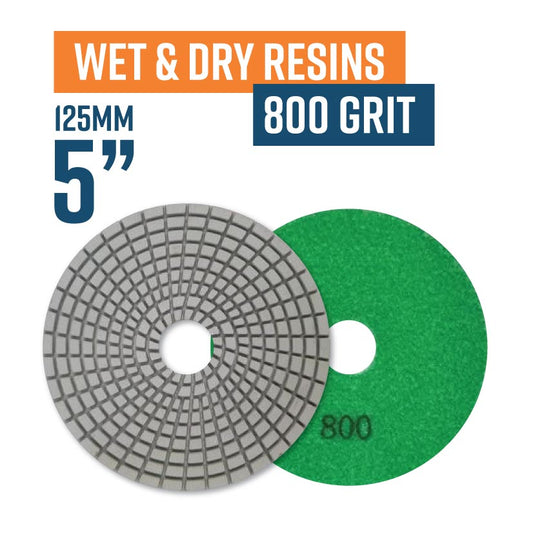 125mm (5") Resin Bond Wet & Dry Polishing Pads - 800 grit. Must be used on low speed.