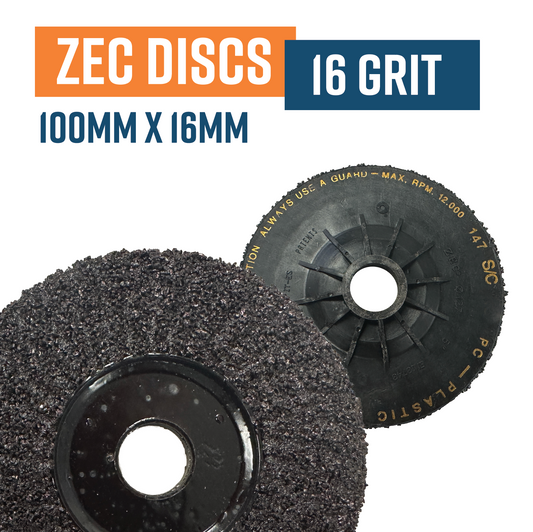 Size 100 x 16mm centre - Grade PC16 (grit) Plastic backed Zec Discs. NOTE : these disc do not need a backing support - fast change and longer lasting.