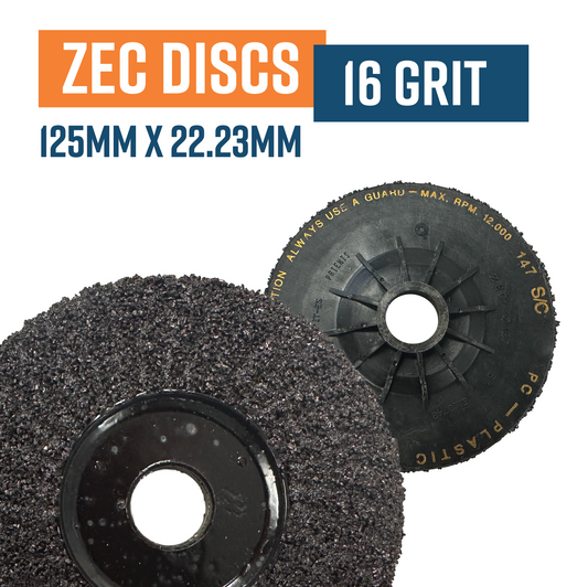 Size 125 x 22.23mm centre - Grade PC16 (grit) Plastic backed Zec Discs. NOTE : these disc do not need a backing support - fast change and longer lasting.