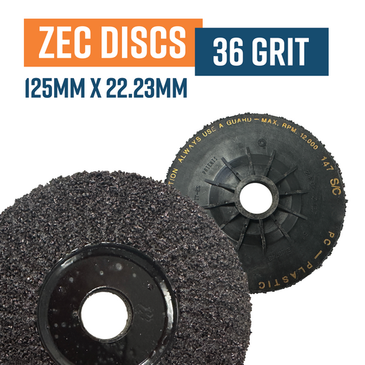 Size 125 x 22.23mm centre - Grade PC36 (grit) Plastic backed Zec Discs. NOTE : these disc do not need a backing support - fast change and longer lasting.
