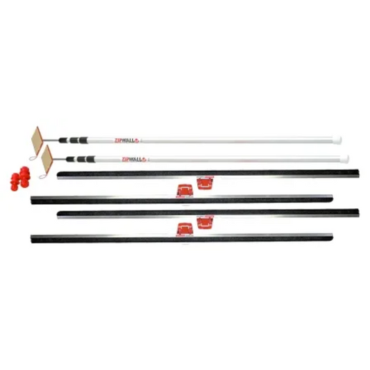 Zipwall Floor and Ceiling Dust Seal Kit. Includes 2 x Spring-loaded Zipwall pole (1.4m - 3.8m), 5 x Tight Seal Rails (1.2m long) with T-clips, 2 x Floor Adaptors for Standard Zipwall Poles.