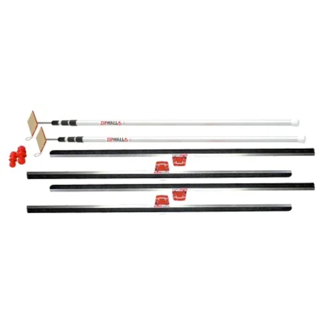 Zipwall Floor and Ceiling Dust Seal Kit. Includes 2 x Spring-loaded Zipwall pole (1.4m - 3.8m), 4 x Tight Seal Rails (1.2m long) with T-clips, 2 x Floor Adaptors for Standard Zipwall Poles.