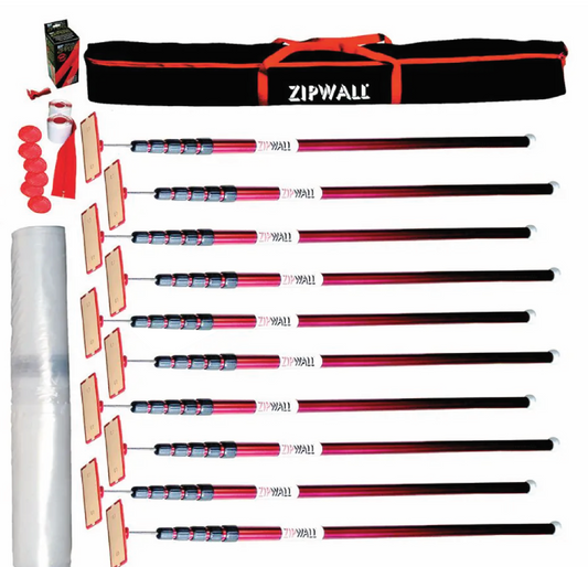 Zipwall Super Tall Kit Includes: 10x Spring Loaded Poles 1.6m-6.1m), 1x Pair Zippers, 1x Carry Bag, 6m x 50m Plastic Sheeting