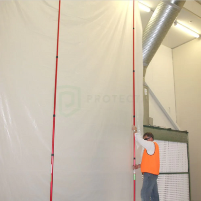 Zipwall Super Tall Kit Includes: 10x Spring Loaded Poles 1.6m-6.1m), 1x Pair Zippers, 1x Carry Bag, 6m x 50m Plastic Sheeting