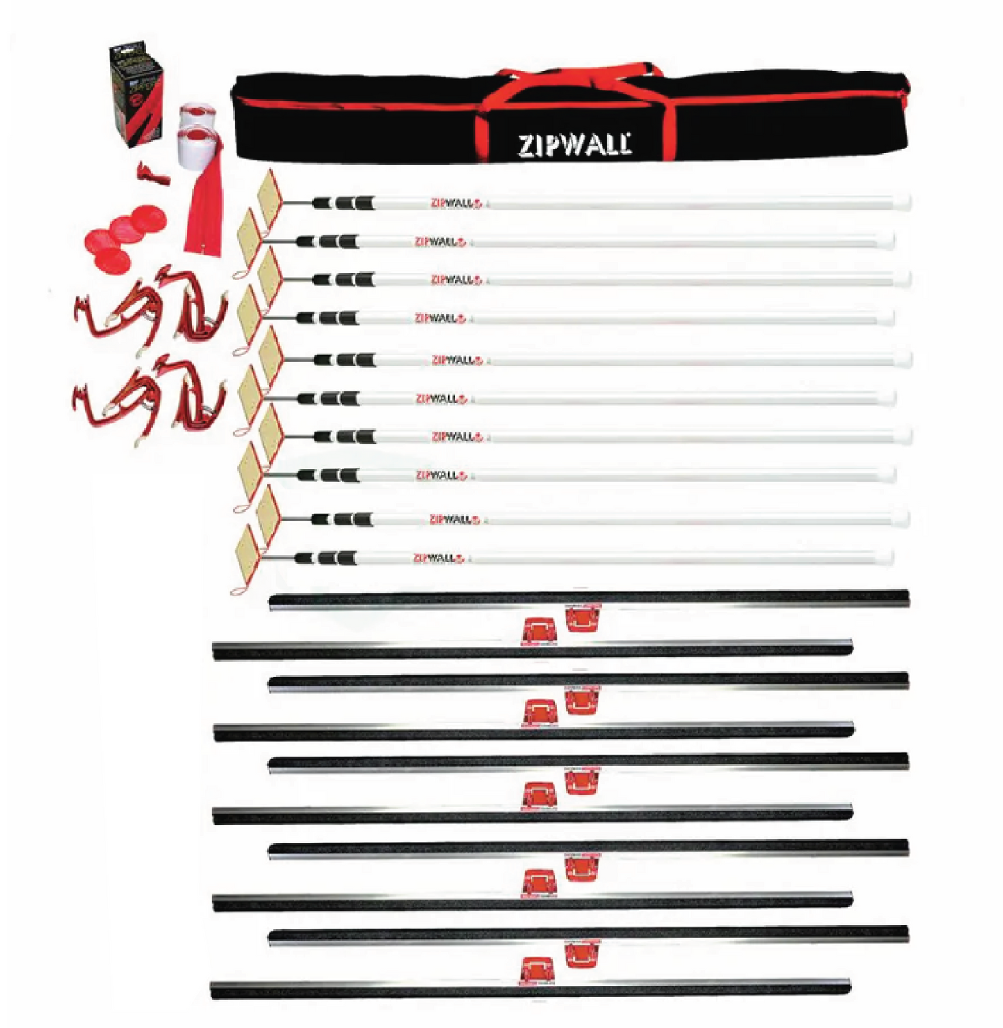 Zipwall Complete Trade Pack. Includes: 10x PDB-SLP Spring Loaded Poles 1.8m 1x PDB-SC2 Pk2 Side Clamps 1x PDB-HDZ2 Pk2 HD Zippers 5x PDB-FR2 Pk2 Foam Rails 1.5m 1x PDB-ZIPBAG Carry Bag - Covers 27m Lineal (Plastic not included)