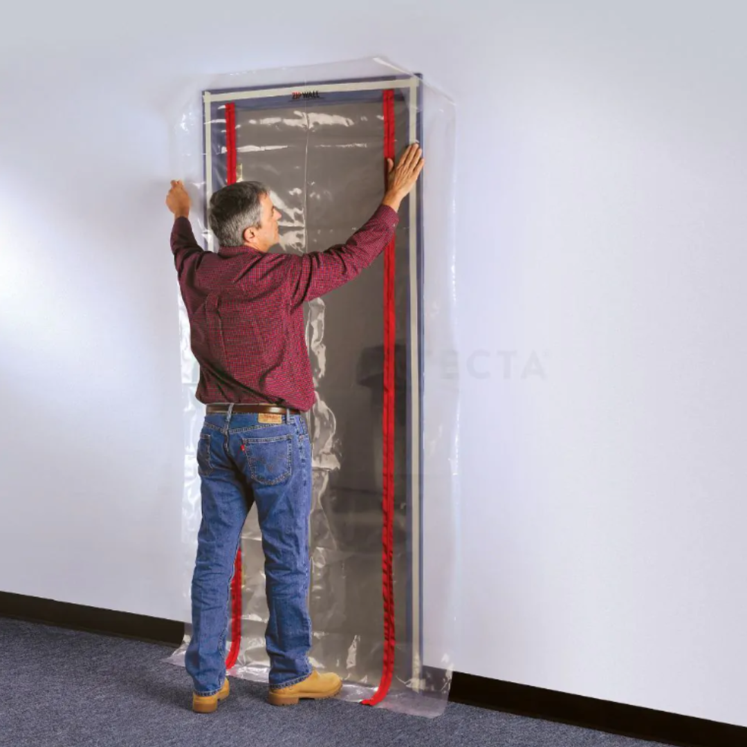 Zipwall ZipDoor  to seal existing doorway openings up to 1150mm (W) x 2200mm (H). Includes: 1 x Heavy Duty ZipDoorTM sheet (1219 x 2286mm), 2 x Premium Zippers Pre-Installed and 1 x Roll of Special Lo-Hi Tack Double-sided Tape for Mounting (18M).