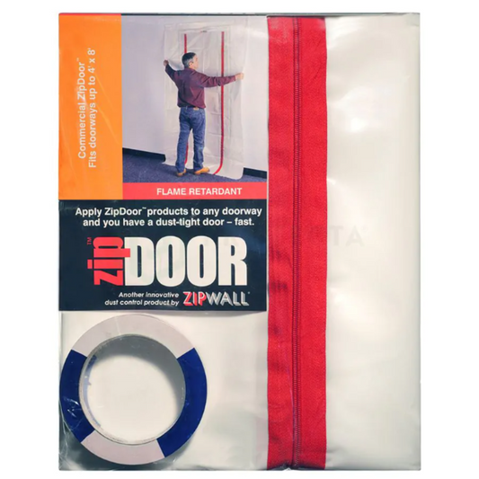 Zipwall ZipDoor  to seal existing doorway openings up to 1150mm (W) x 2200mm (H). Includes: 1 x Heavy Duty ZipDoorTM sheet (1219 x 2286mm), 2 x Premium Zippers Pre-Installed and 1 x Roll of Special Lo-Hi Tack Double-sided Tape for Mounting (18M).