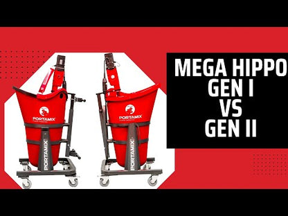 PORTAMIX Mega Hippo Mixer 80L with 1800w High Powered Motor, 2 speed, 6 bag capacity. Includes flexible drum liner, 4x lockable castors, 1x full height paddle, 1x 1/2 height paddle, and BONUS Dust Cover Lid.