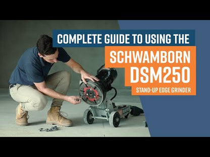 DSM250 Schwamborn Edger Concrete Floor Grinder. 
230V, 50Hz, 2.2kW, complete with superior shroud for dust and vibration-free grinding up to the edge, swivel grinding head, height adjustment handle, Knock-On Shoe holder and safety red-locking ring.