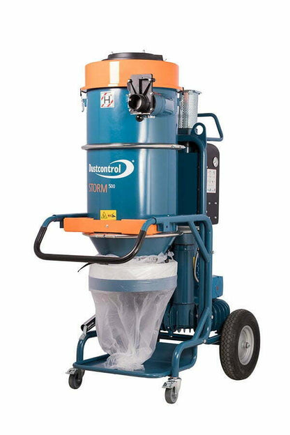 Dustcontrol DC Storm 500 Vacuum, Three Phase, 4kW Motor, 178kg, Includes Longopac 25m Continuous Bag (44077), 5m Antistatic Suction Hose 50mm, Floor Nozzle (7238), Suction Pipe (7265), Polyester Fine Filter (44212) and HEPA H13 Filter (42869)