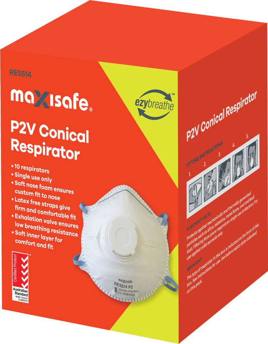 P2 Valved Conical Respirator / Dust Mask Box of 10x Pre-formed nose-bridge minimizes the risk of leaks & Exhalation valve provides increased air flow and comfort. Suitable for medical, soldering, welding, grinding, sanding and dust.